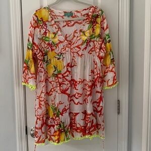 Antica Santoria Lemon PomPom Dress cover up size L bohemian red neon coral beach